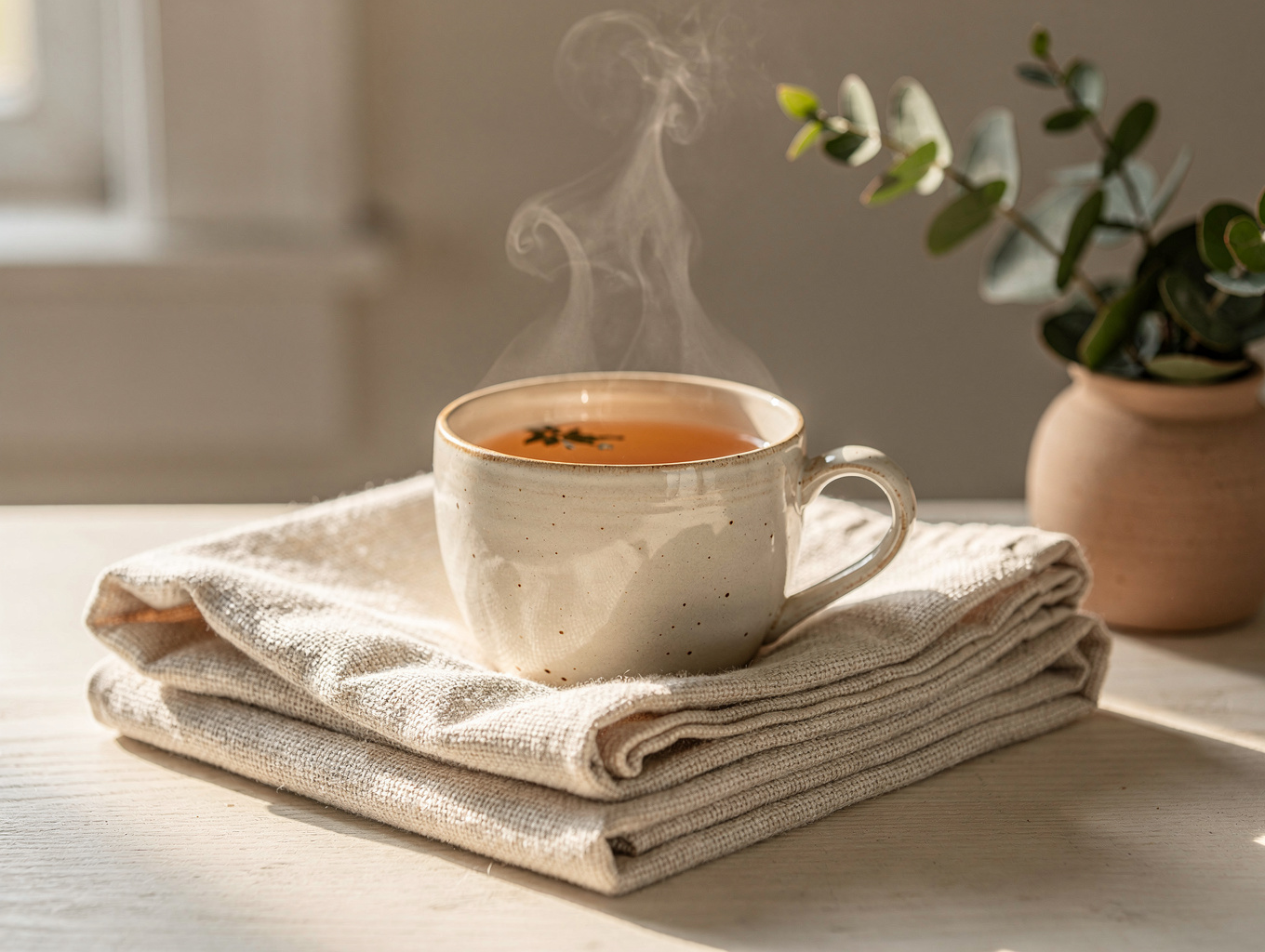 Fresh lemon verbena leaves in a ceramic cup