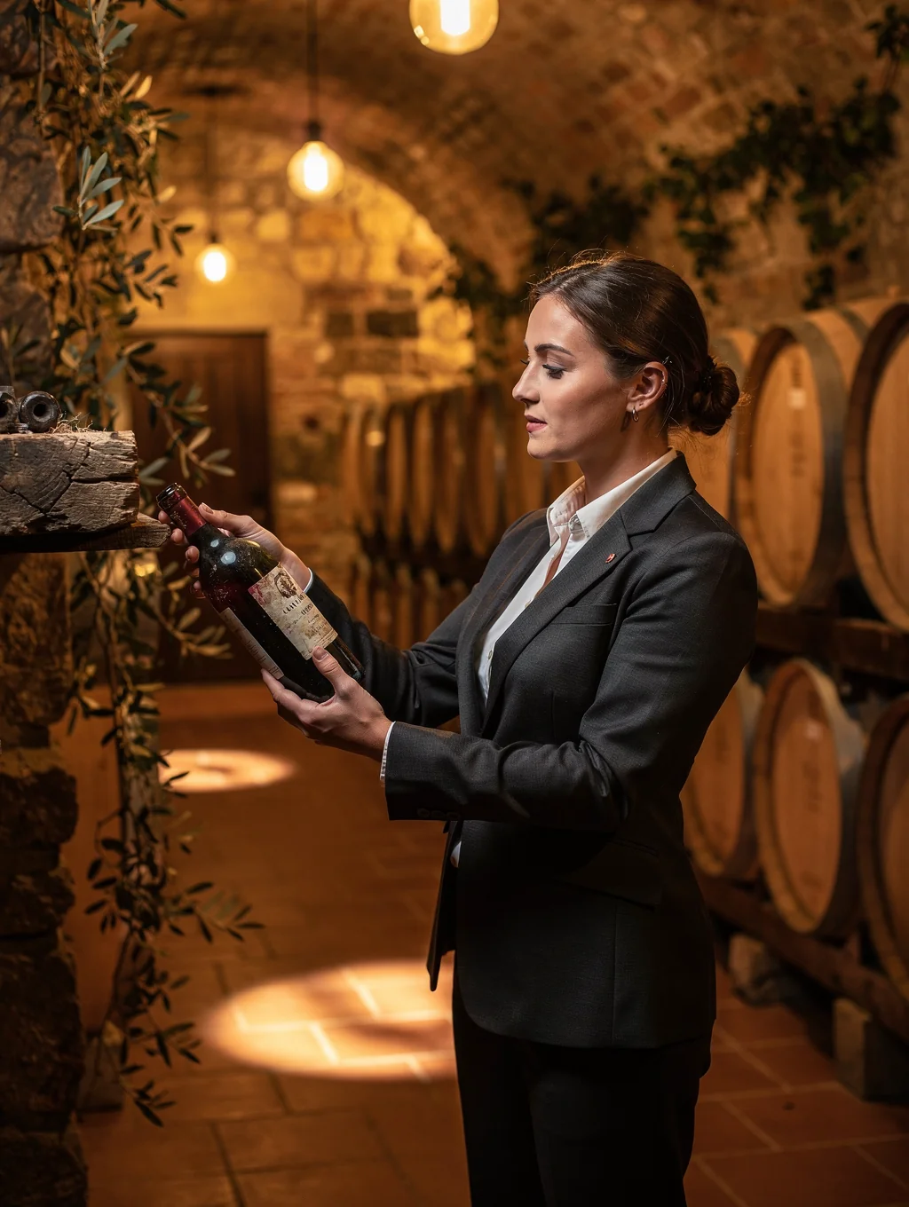 Elena Rossi selecting a bottle of wine in the MISE cellar