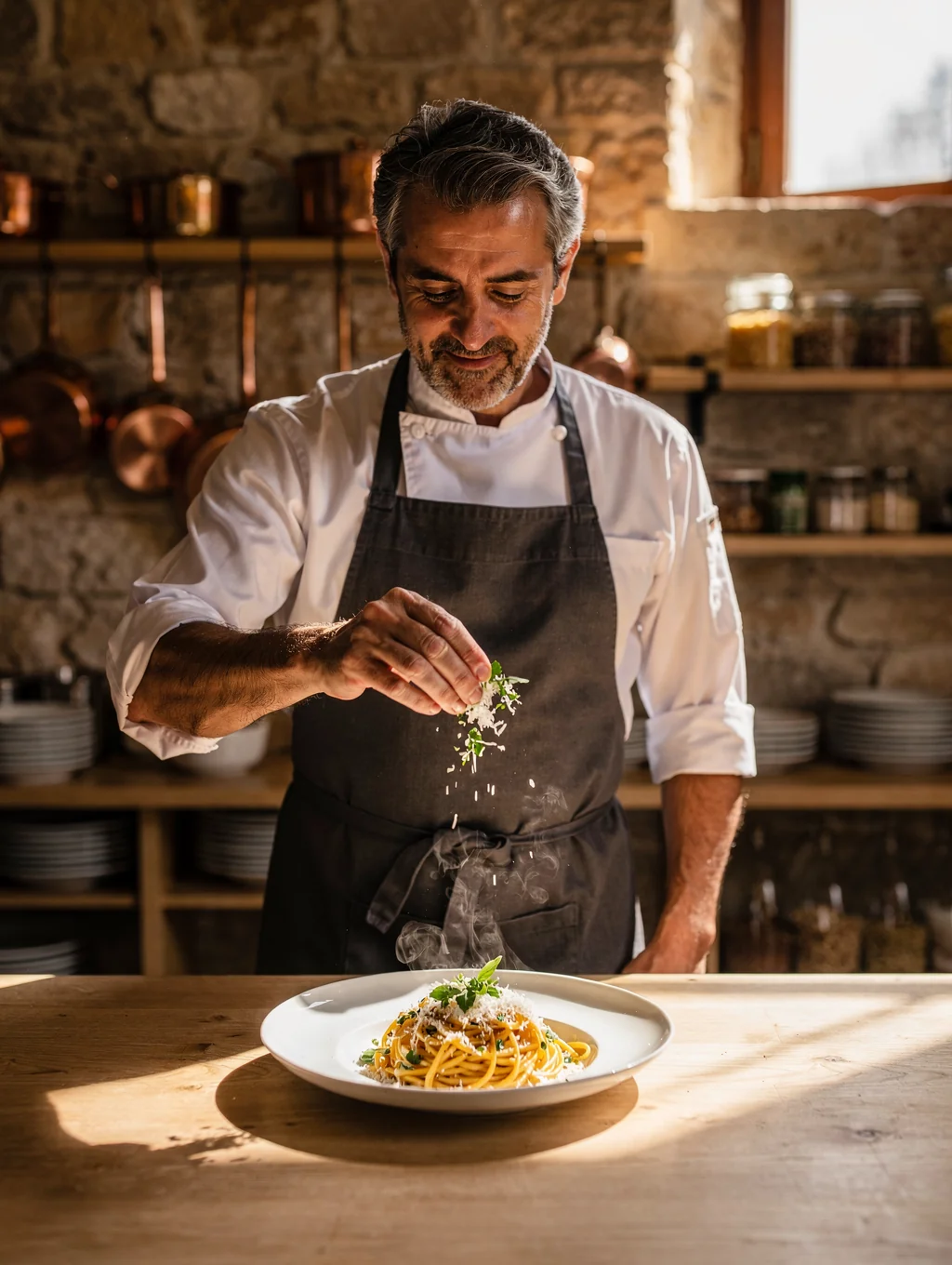 Executive Chef Marco Valenti plating fresh pasta in MISE kitchen