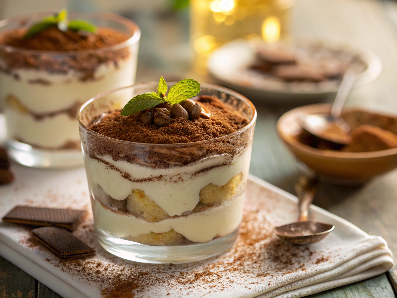 Traditional Italian tiramisu with cocoa