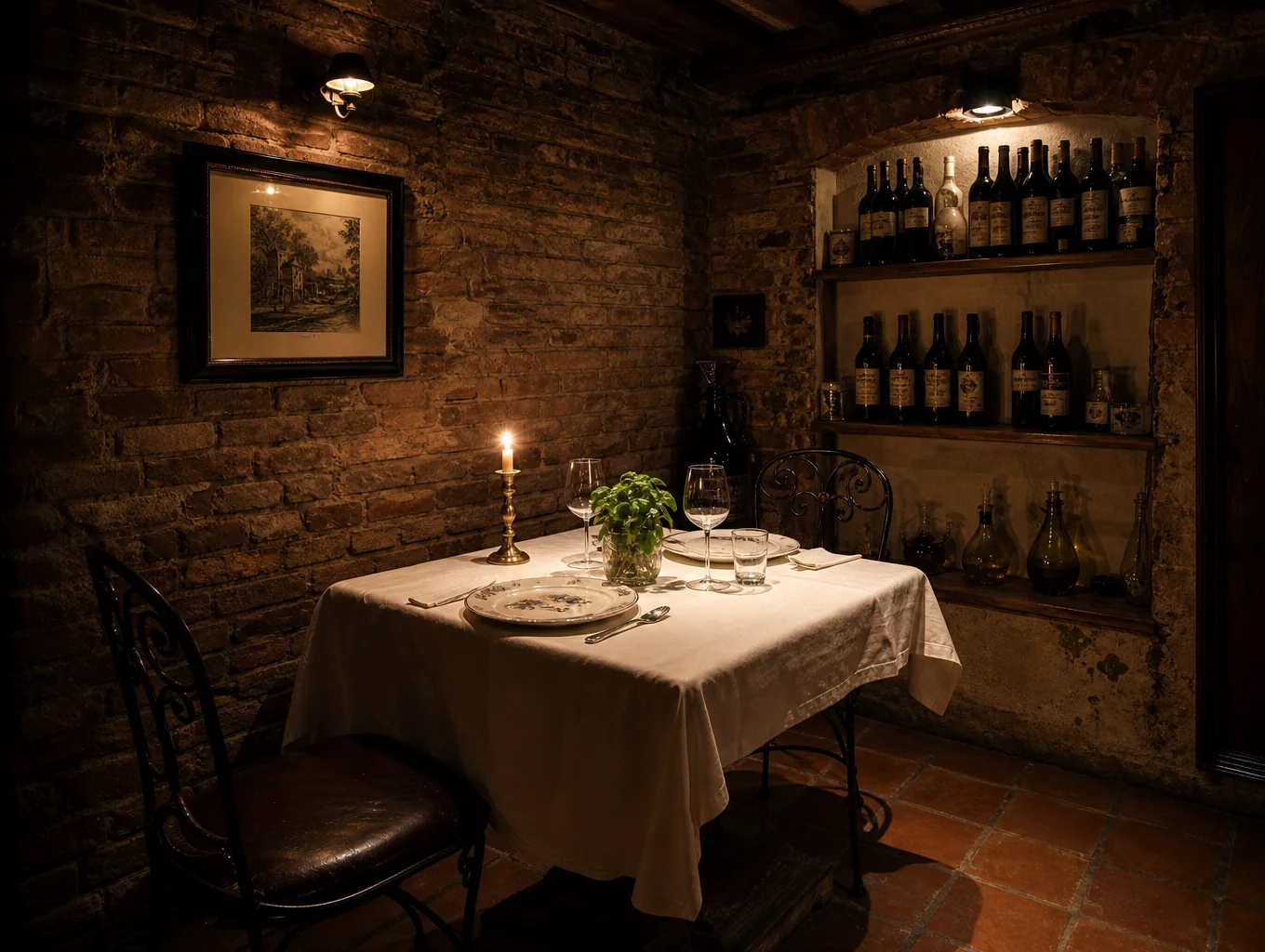 Cozy candlelit dining room with exposed brick walls