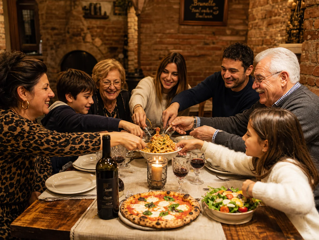 Family sharing Italian dishes at a large table
