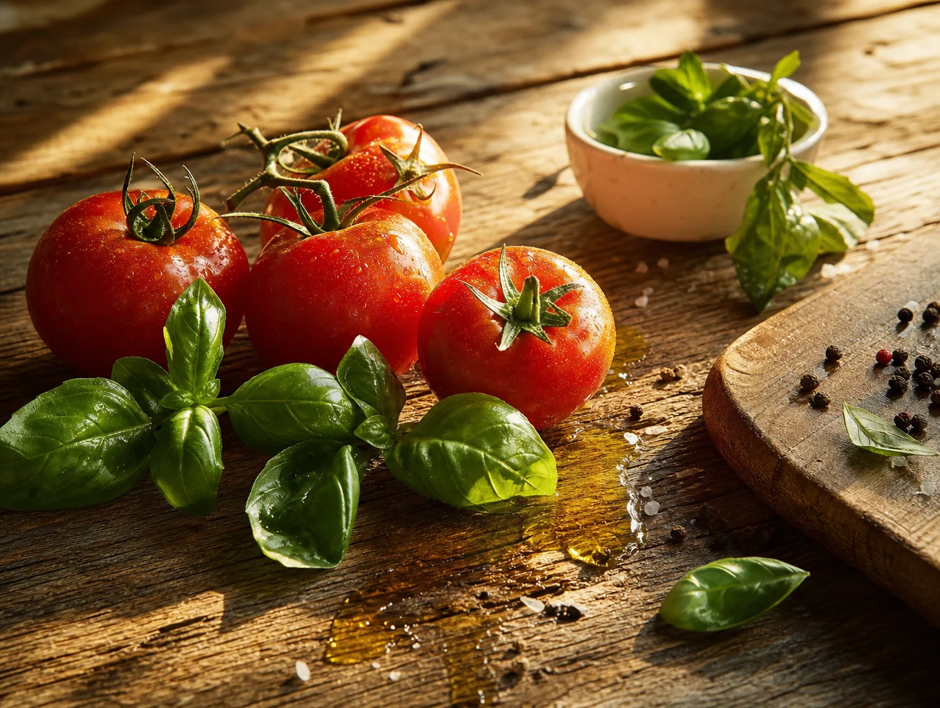 Fresh seasonal ingredients on a rustic wooden table