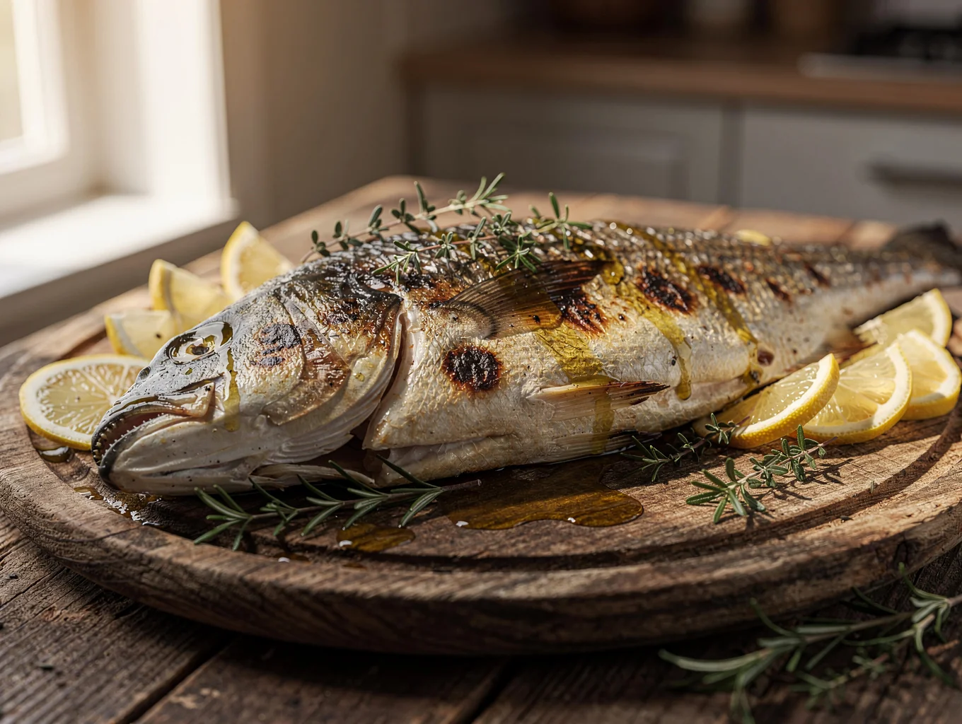 Grilled whole branzino with lemon and herbs