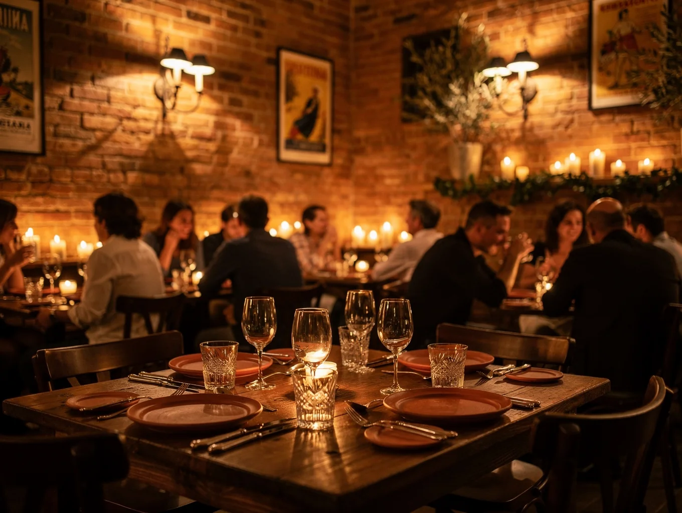 Warm candlelit dining room with exposed brick walls and rustic Italian decor