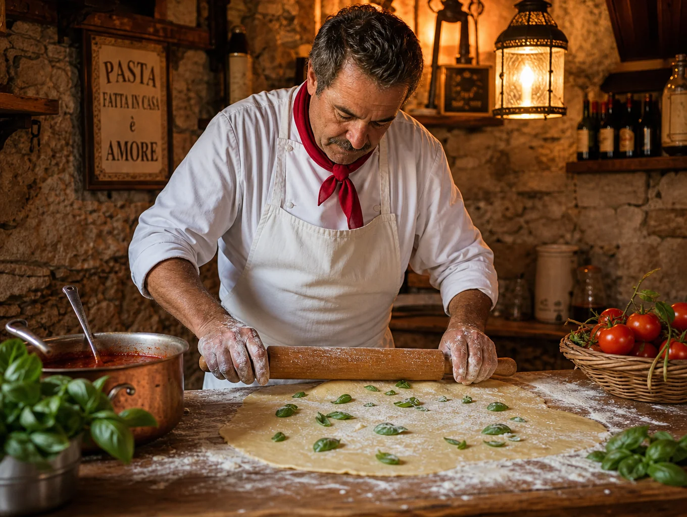 Chef hand-rolling fresh pasta in our open kitchen