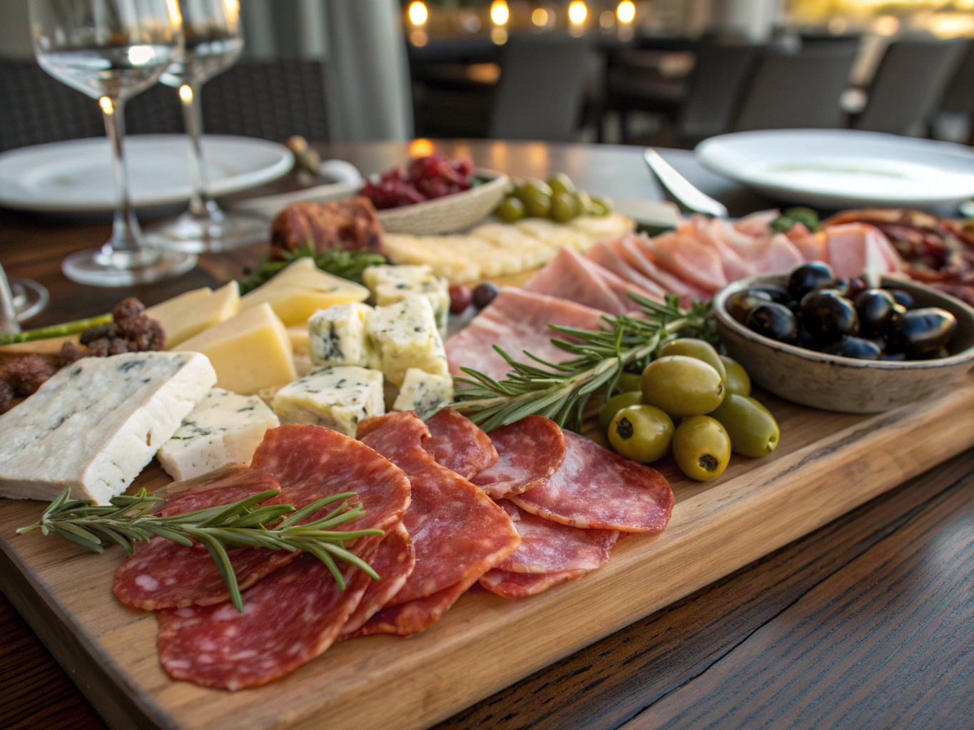 Assorted Italian cured meats and olives on a wooden serving board