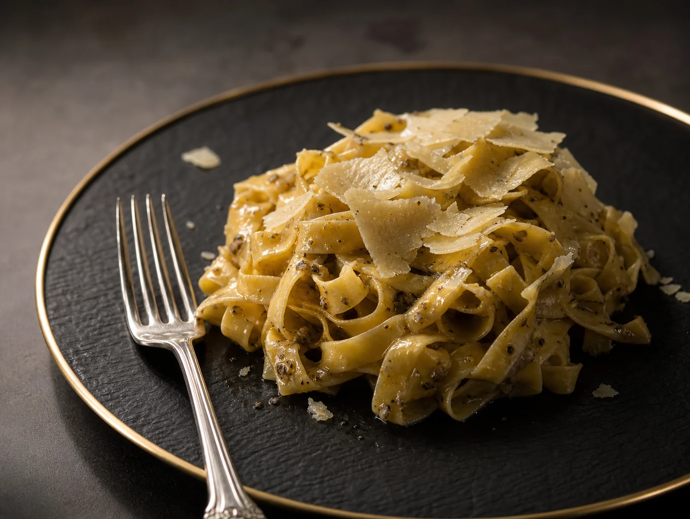 Freshly prepared hand-rolled tagliatelle with truffle shavings