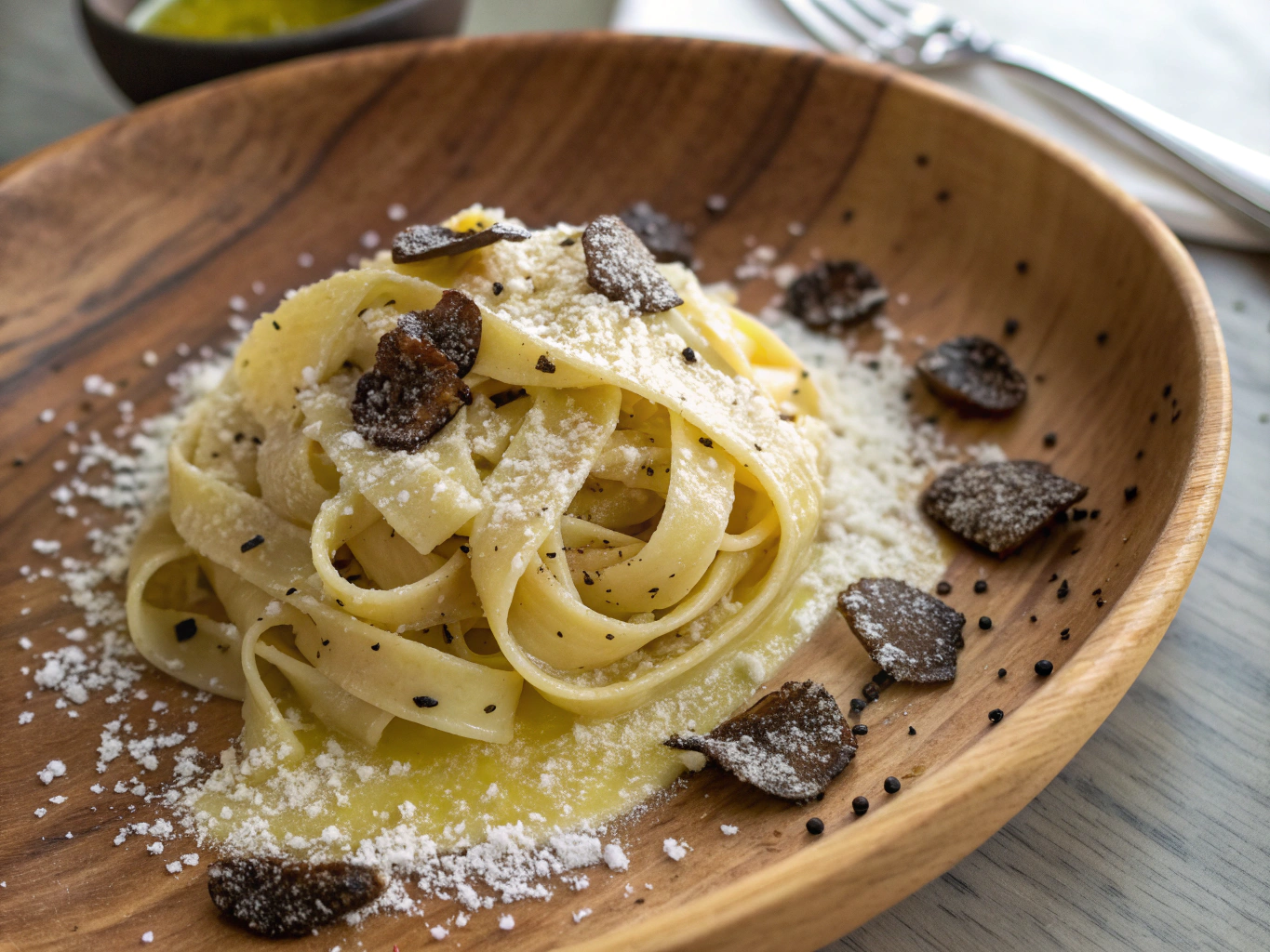 Hand-cut tagliatelle pasta topped with fresh black truffle shavings
