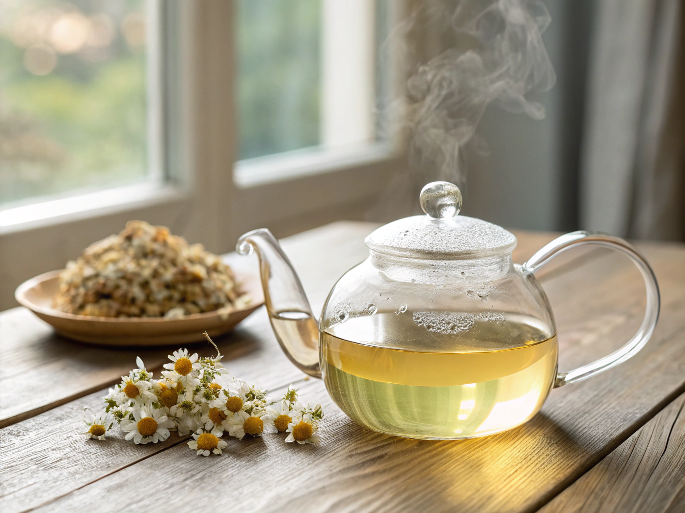 Golden chamomile infusion in a clear glass teapot