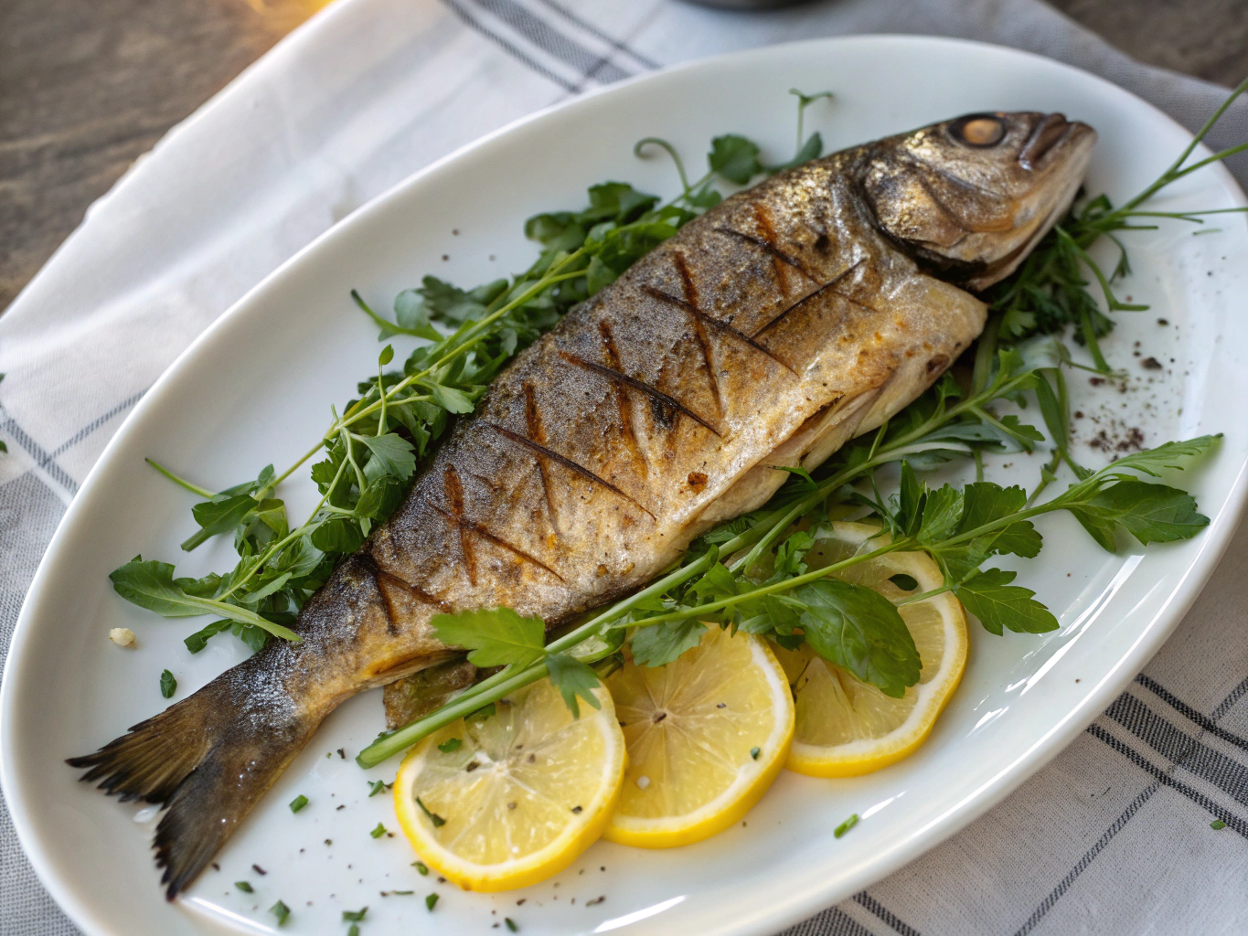 Whole roasted sea bass served with lemon slices and fresh herbs