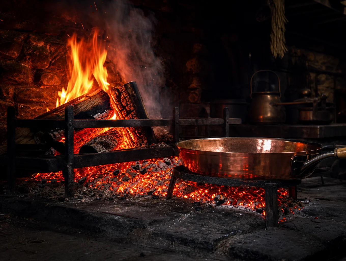 Wood-fired hearth roasting seasonal vegetables